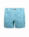 2eros printed bondi shorts in nautica green with light blue fabric, subtle mountain pattern, and copper-toned button