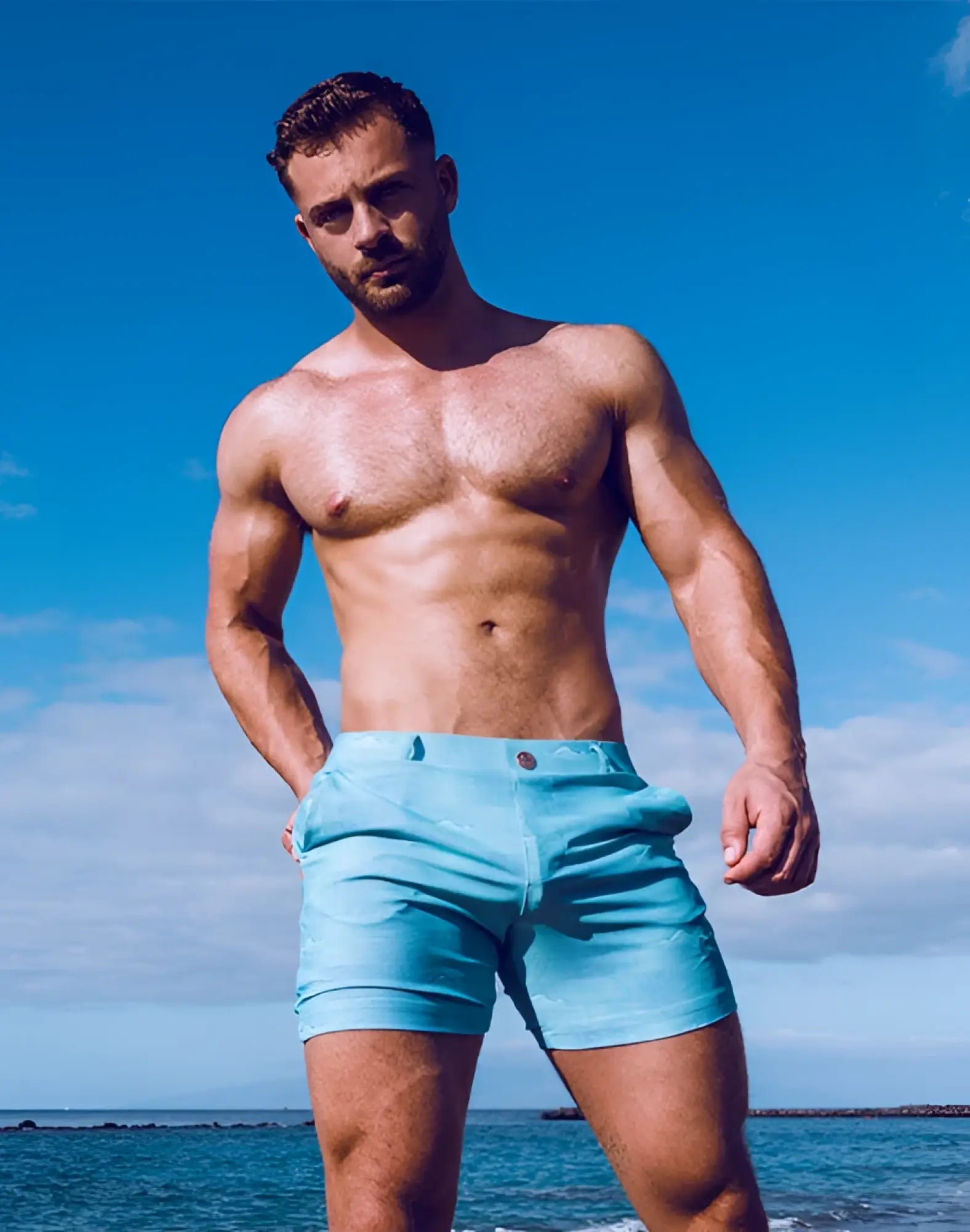 2EROS printed bondi shorts in light blue textured fabric with subtle pattern and single button closure in nautica green