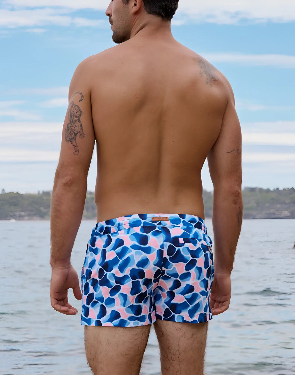 Blue and pink abstract patterned 2EROS printed Bronte swim trunks in aqua navy for stylish beachwear