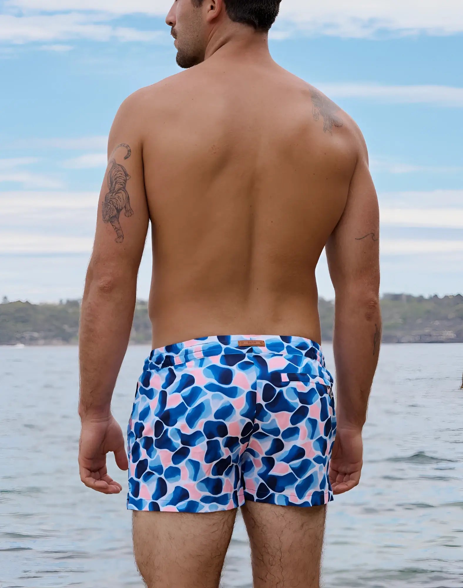 Blue and pink abstract patterned 2EROS printed Bronte swim trunks in aqua navy for stylish beachwear