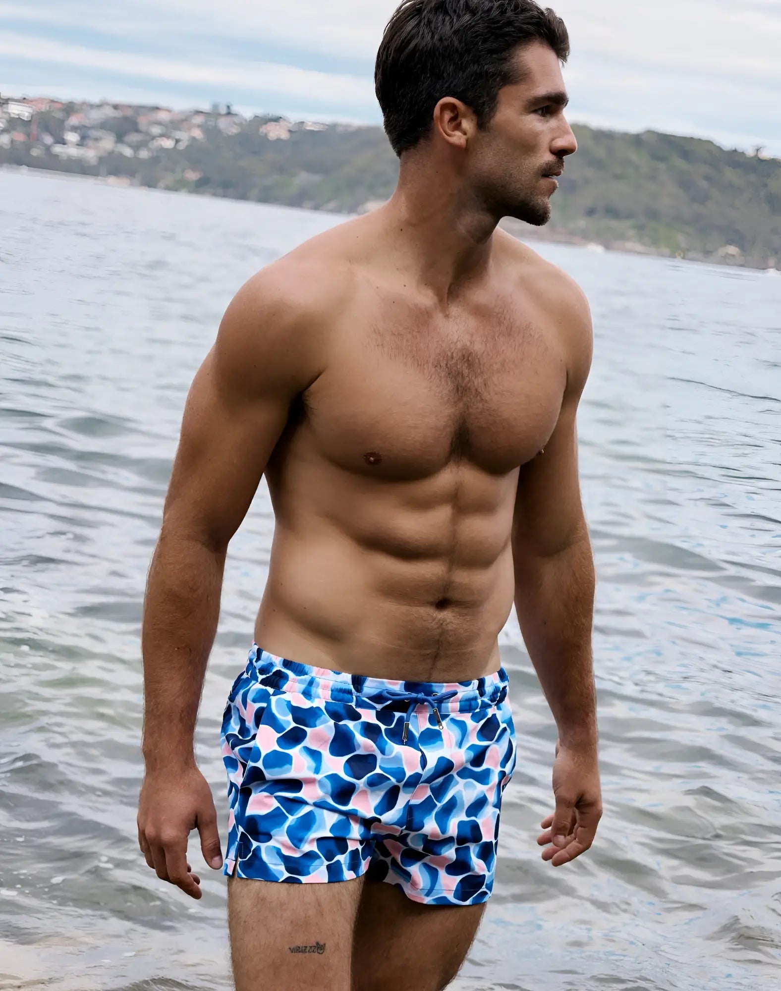 2eros printed bronte shorts in aqua navy featuring blue and pink abstract pattern swim trunks design