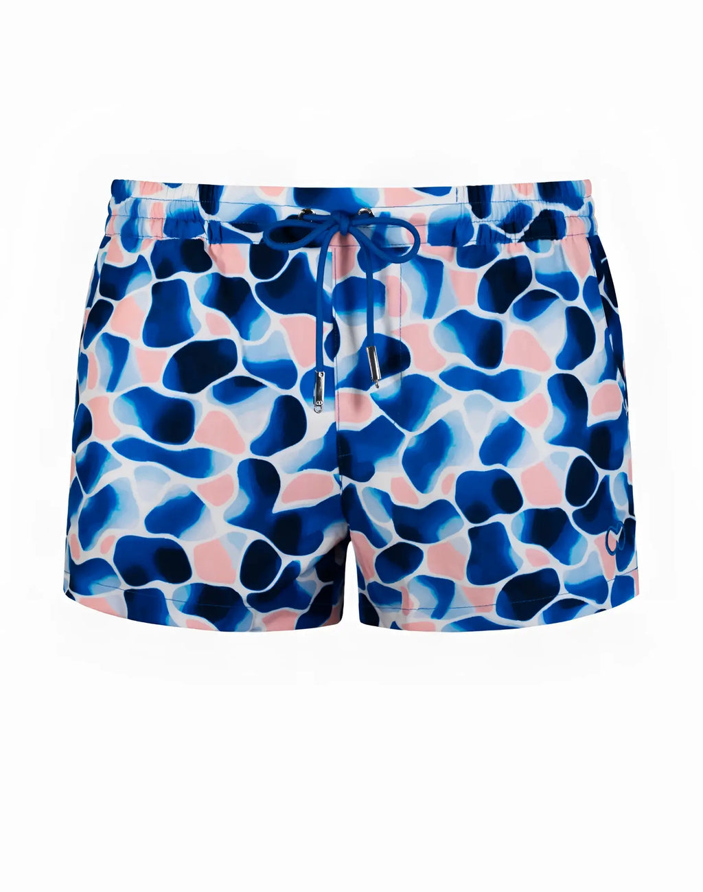 2eros printed bronte swim shorts in aqua navy with blue and pink abstract pattern and drawstring waistband