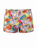 2eros printed Bronte shorts in purple with vibrant tropical toucan dragon fruit and leaf pattern on light lavender fabric