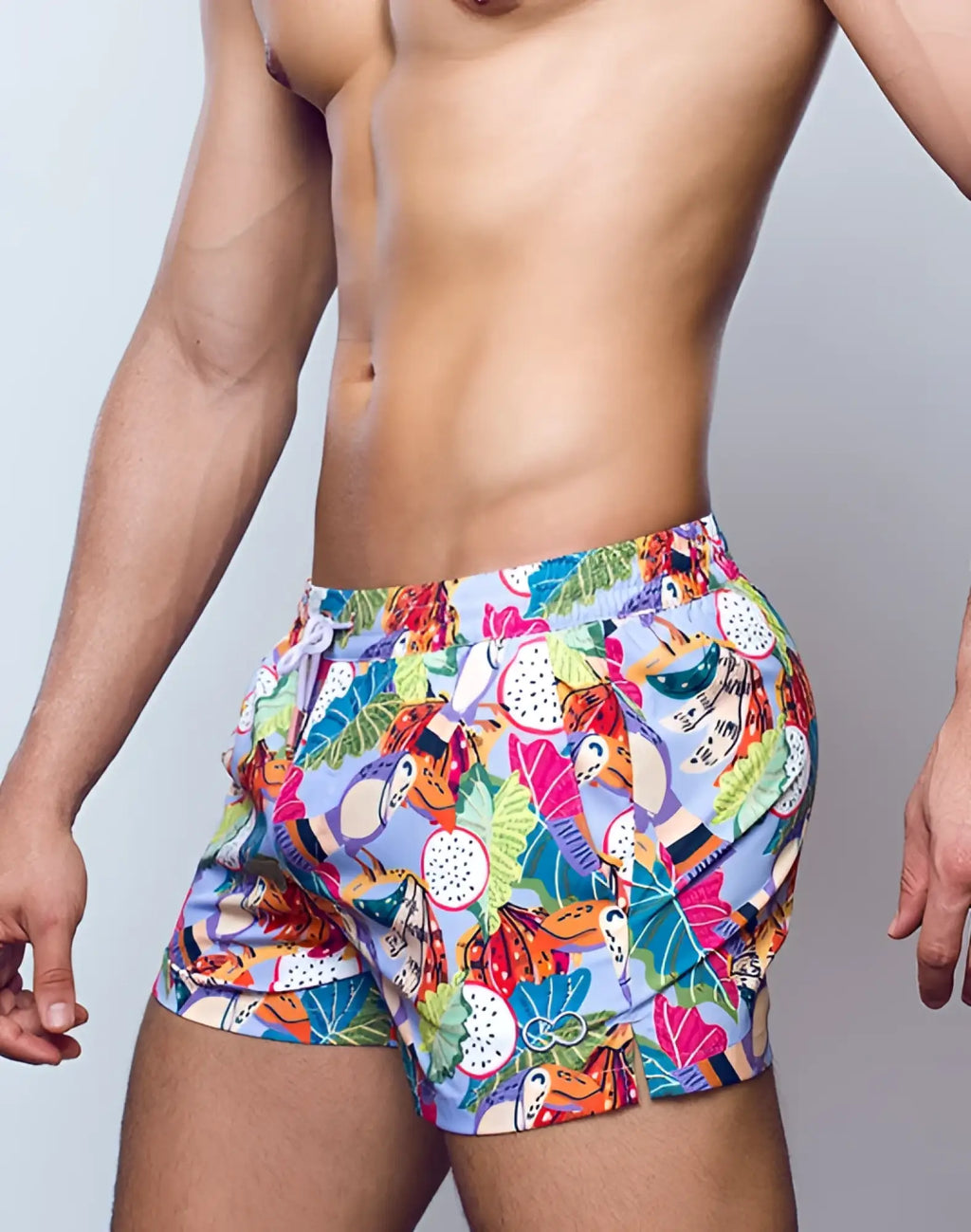 2EROS printed Bronte shorts in aves purple with vibrant toucan dragon fruit and leaf pattern on light purple fabric