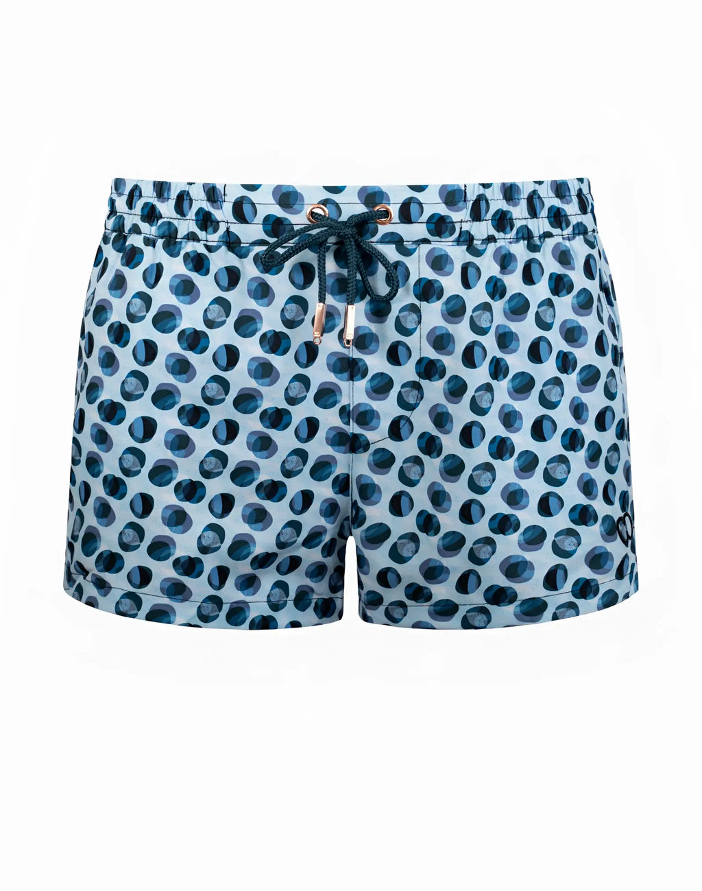 Light blue 2EROS printed Bronte swim shorts with dark blue bubble pattern and gold-toned drawstring hardware