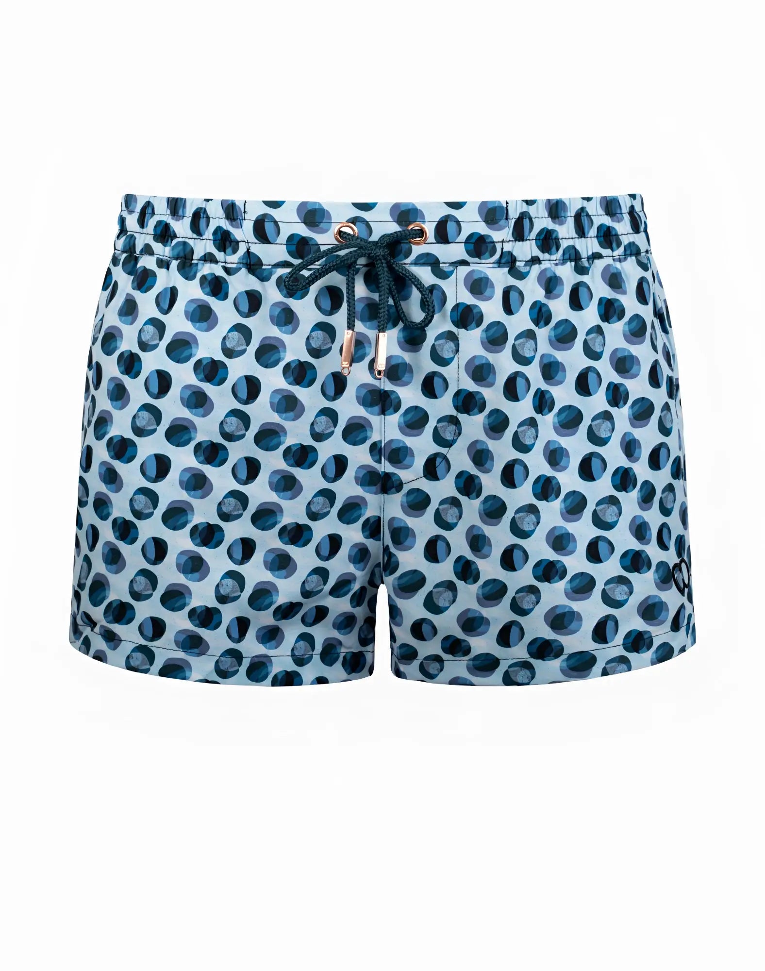 Light blue 2EROS printed Bronte swim shorts with dark blue bubble pattern and gold-toned drawstring hardware