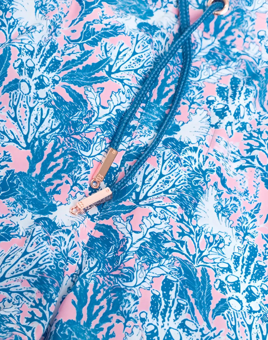 2EROS printed Bronte shorts in coral teal with blue and pink coral patterned fabric and gold toned zipper pull