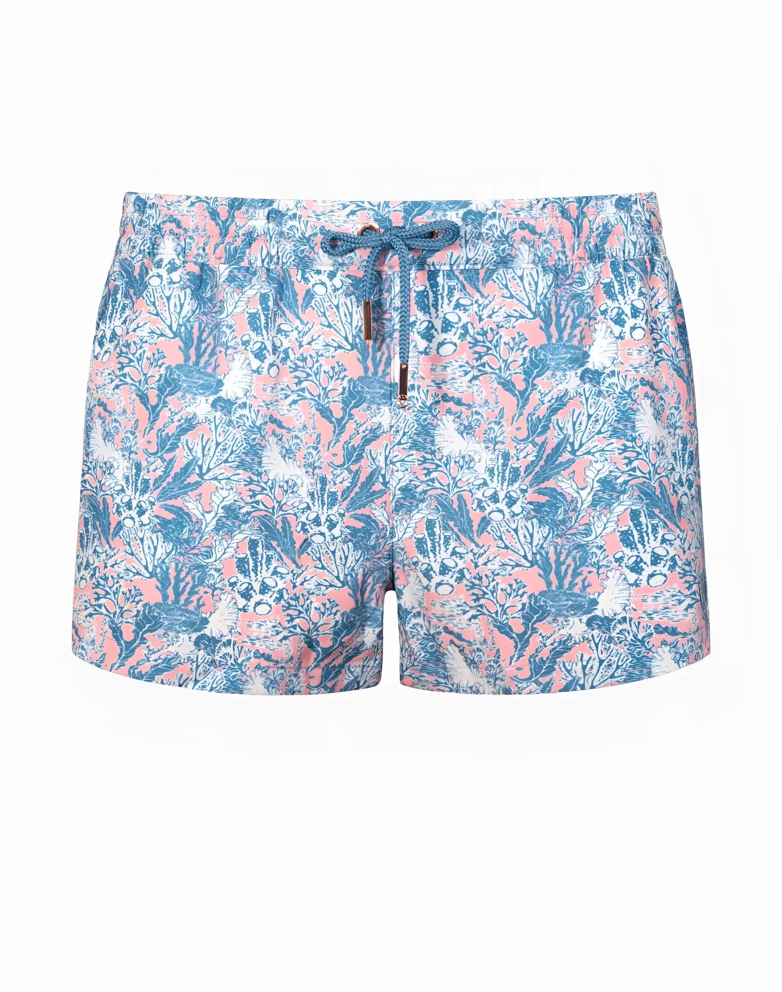 2eros printed bronte shorts coral teal featuring blue and pink coral design with drawstring waistband for swimwear