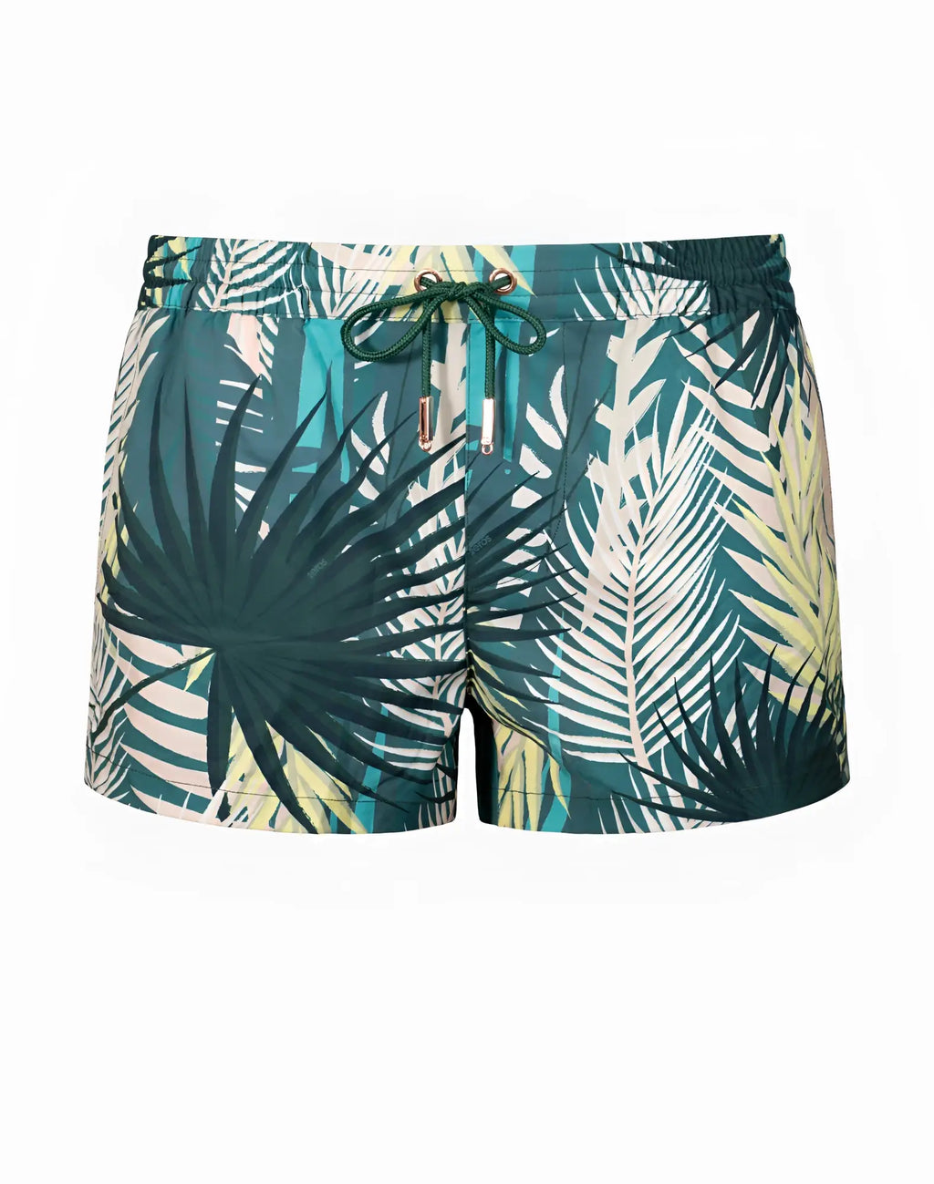 2EROS printed Bronte shorts in tropical teal white and yellow leaf pattern with green drawstring waistband for swimwear