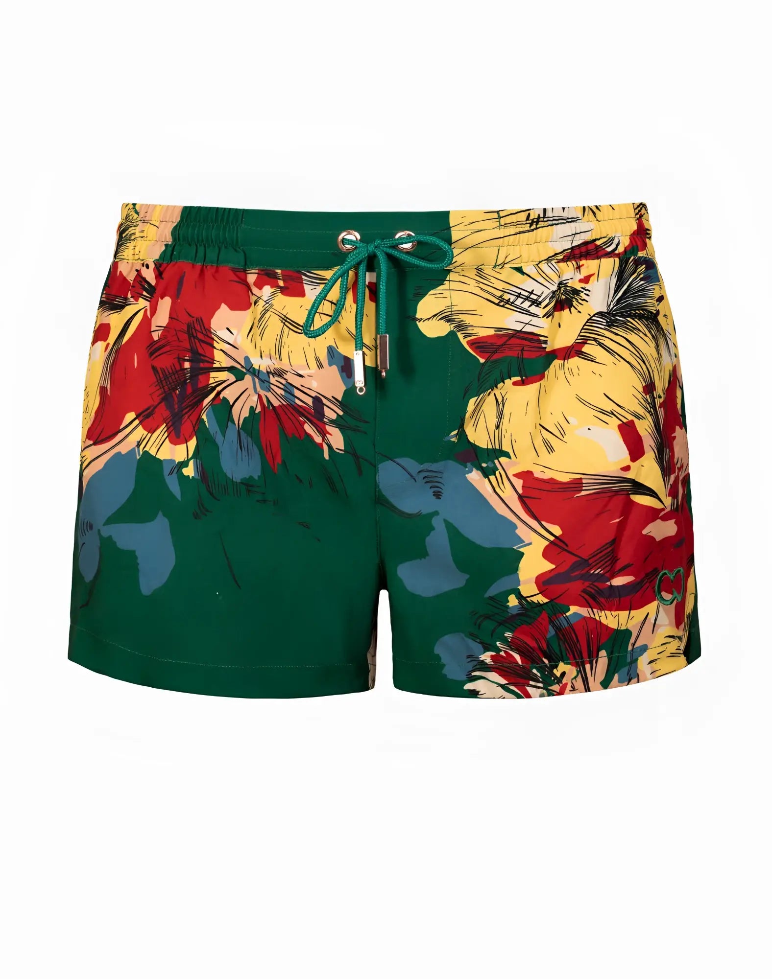 2eros printed bronte shorts fleur feature vibrant floral green red and yellow swim trunks with a matching drawstring waistband