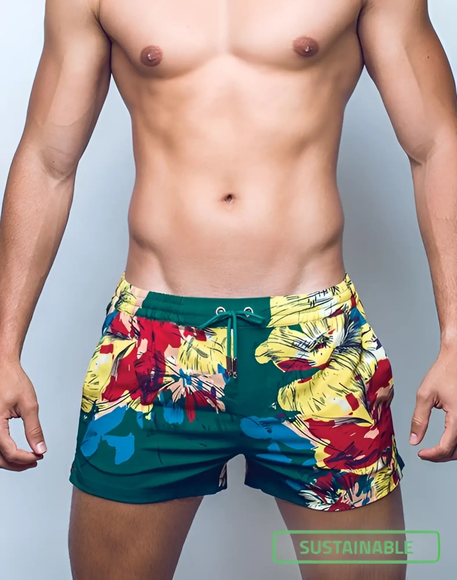 2eros printed bronte shorts fleur tropical floral swim trunks in bold green red and yellow with drawstring waistband