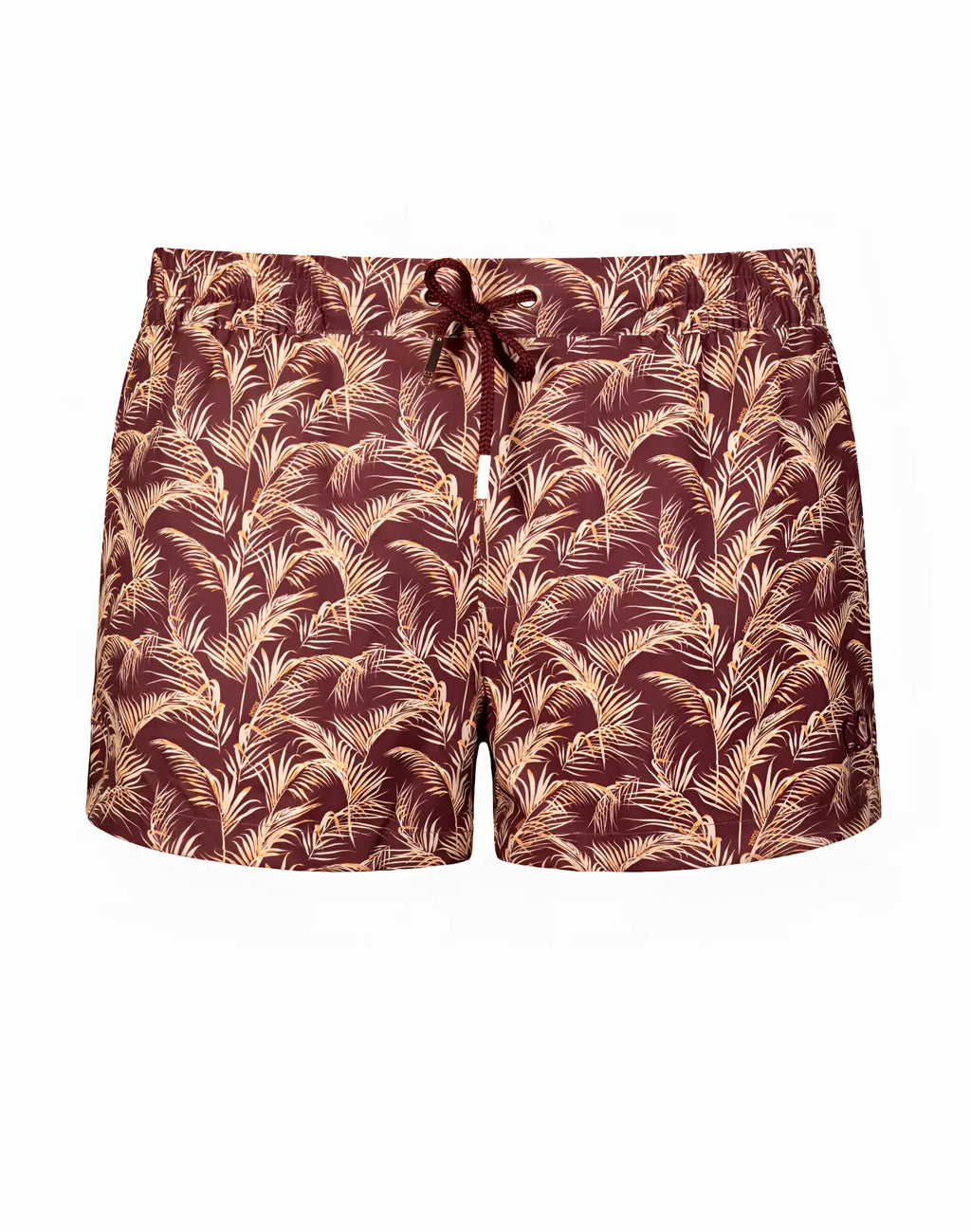 2EROS printed Bronte shorts in maroon and beige tropical leaf pattern with drawstring waistband for swimwear