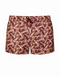 2EROS printed Bronte shorts in maroon and beige tropical leaf pattern with drawstring waistband for swimwear