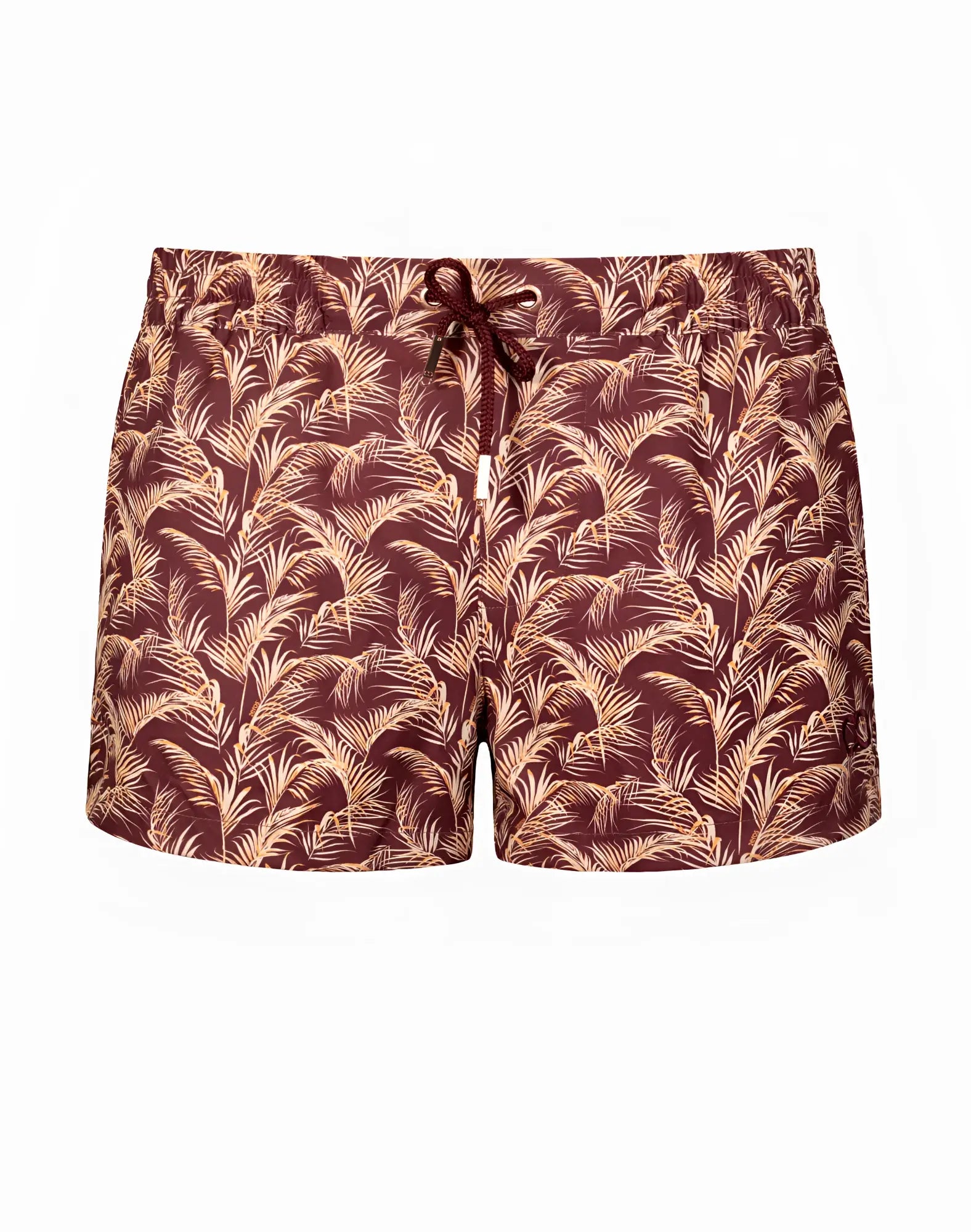 2EROS printed Bronte shorts in maroon and beige tropical leaf pattern with drawstring waistband for swimwear