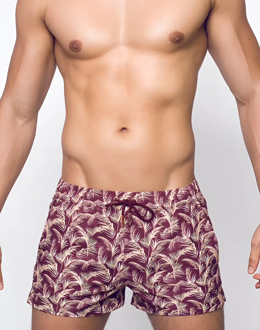 2EROS printed Bronte shorts maroon and white tropical leaf pattern swim trunks with drawstring waistband for beachwear