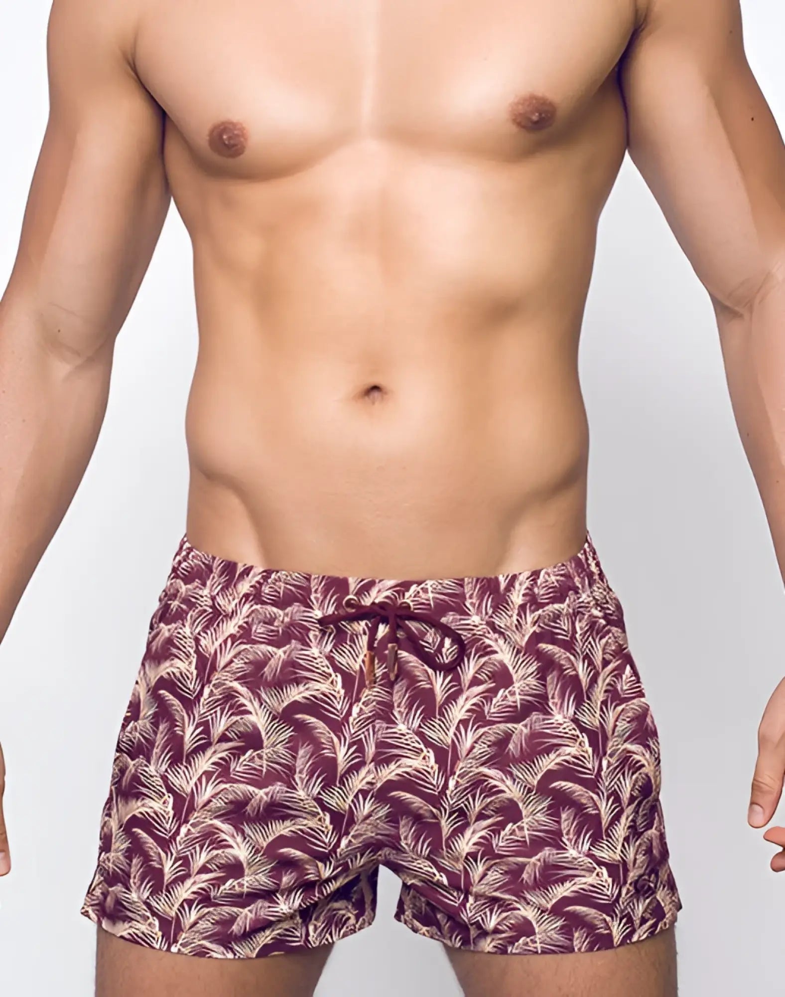 2EROS printed Bronte shorts maroon and white tropical leaf pattern swim trunks with drawstring waistband for beachwear