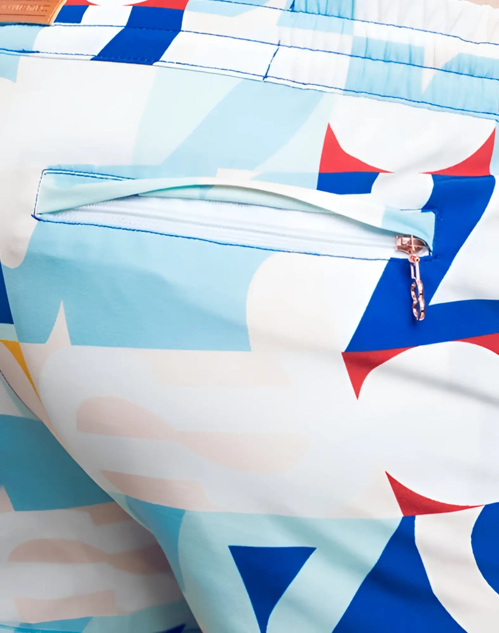 2EROS printed bronte shorts insignia turquoise swim trunks with blue red white geometric pattern and zipper pocket
