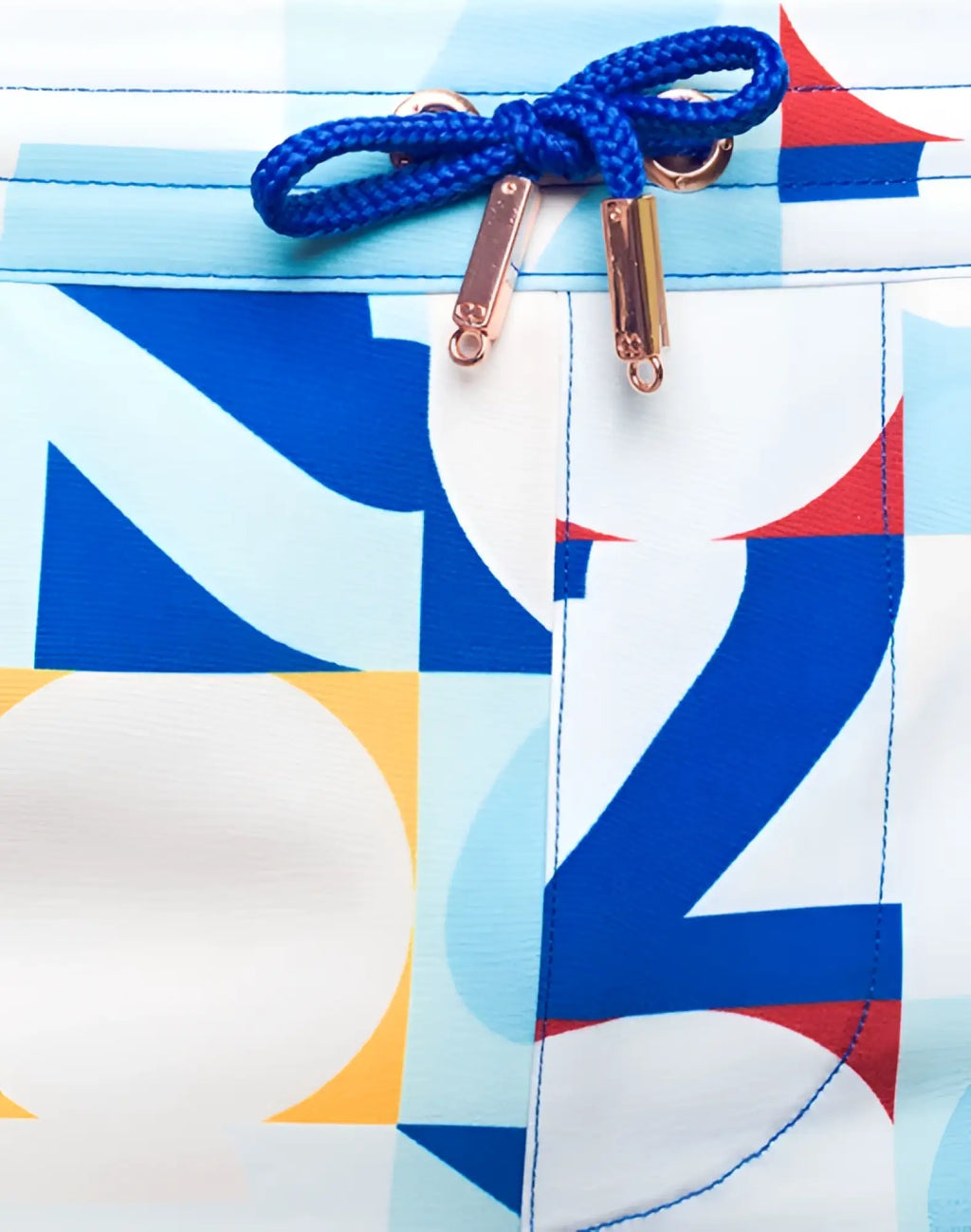 2eros printed bronte shorts insignia turquoise blue and white geometric swim trunks with vibrant blue drawstring bow