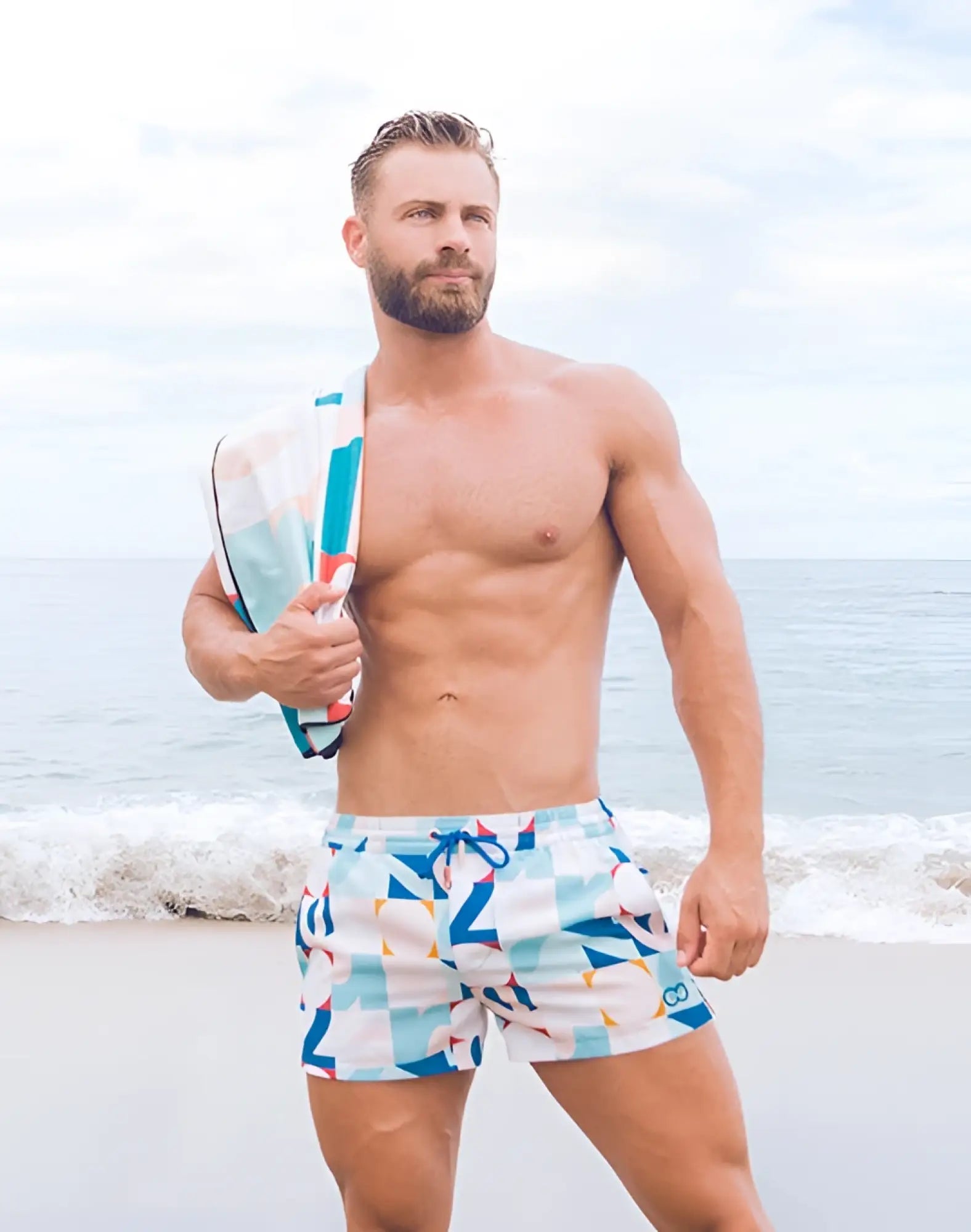 2EROS printed Bronte shorts in insignia turquoise featuring blue and white geometric pattern and drawstring waistband