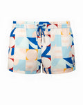 2eros printed bronte swim shorts in insignia turquoise with blue white and red geometric pattern and light blue drawstring