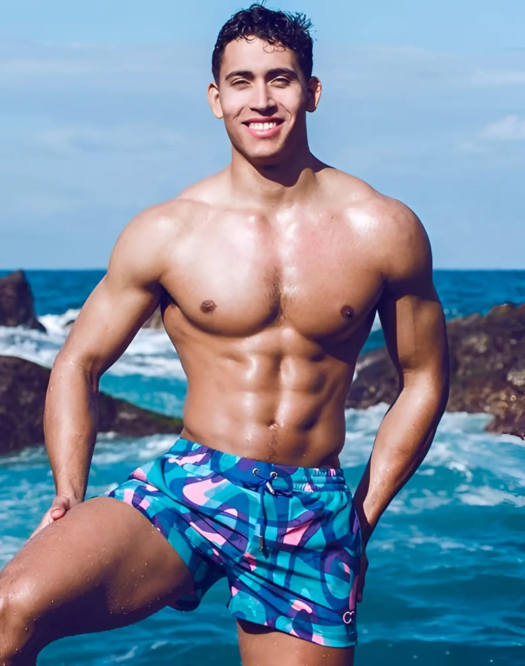 2EROS printed Bronte shorts in kai blue feature blue pink and teal abstract patterns with a drawstring waistband
