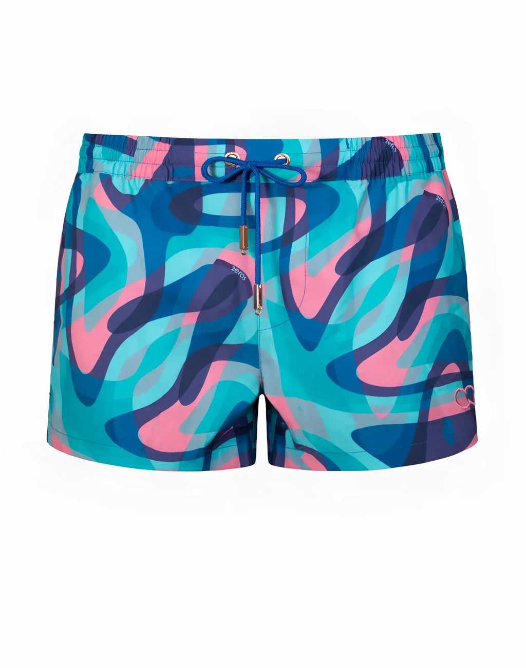 2eros printed bronte shorts in vibrant turquoise and pink abstract pattern with blue drawstring waistband