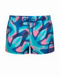 2eros printed bronte shorts in vibrant turquoise and pink abstract pattern with blue drawstring waistband