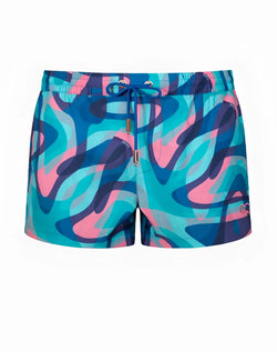2eros printed bronte shorts in vibrant turquoise and pink abstract pattern with blue drawstring waistband
