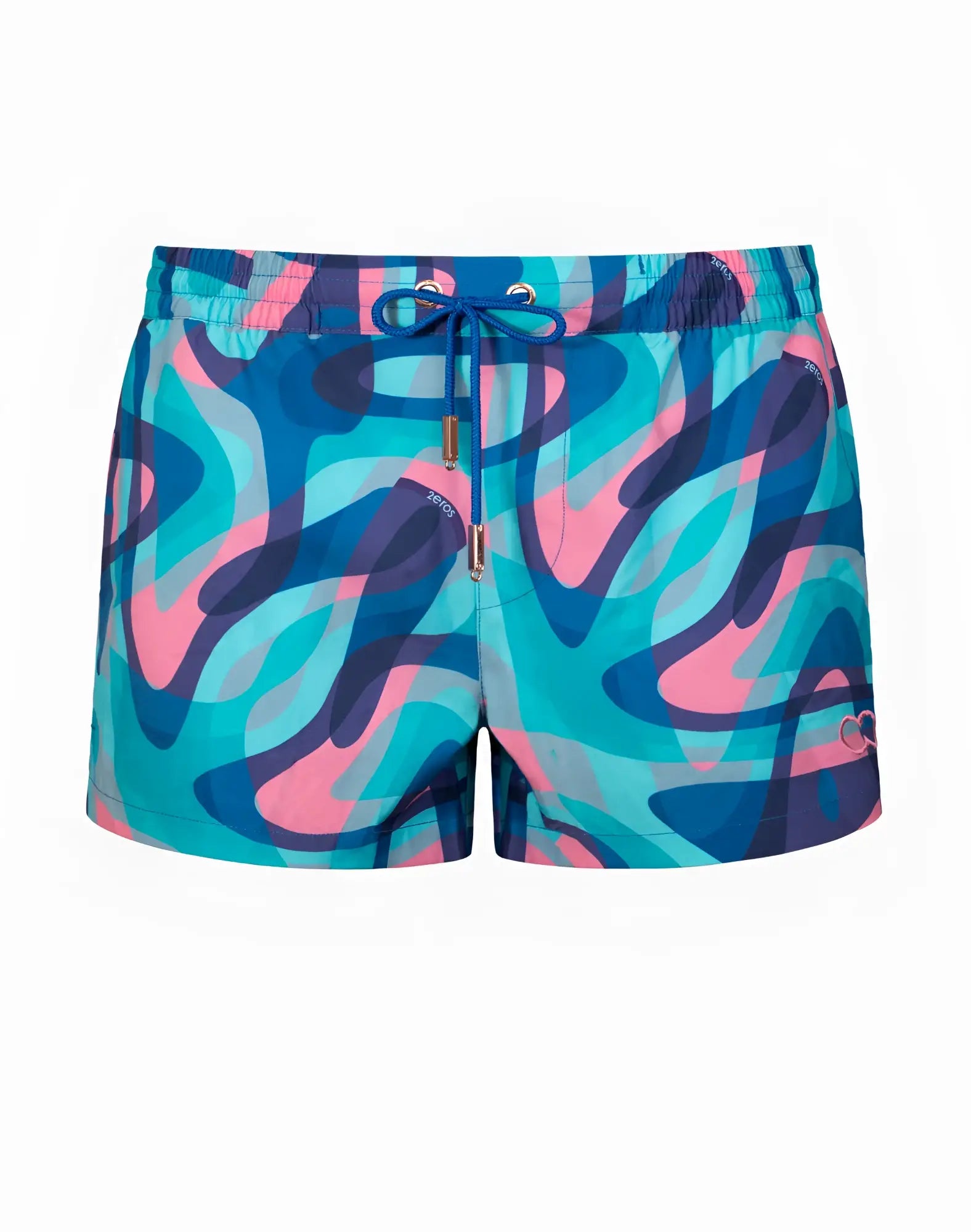 2eros printed bronte shorts in vibrant turquoise and pink abstract pattern with blue drawstring waistband