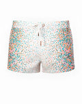 White 2EROS printed Bronte swim shorts with vibrant teal pink and orange geometric triangle pattern Moana design