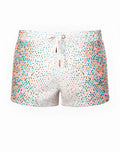 White 2EROS printed Bronte swim shorts with vibrant teal pink and orange geometric triangle pattern Moana design