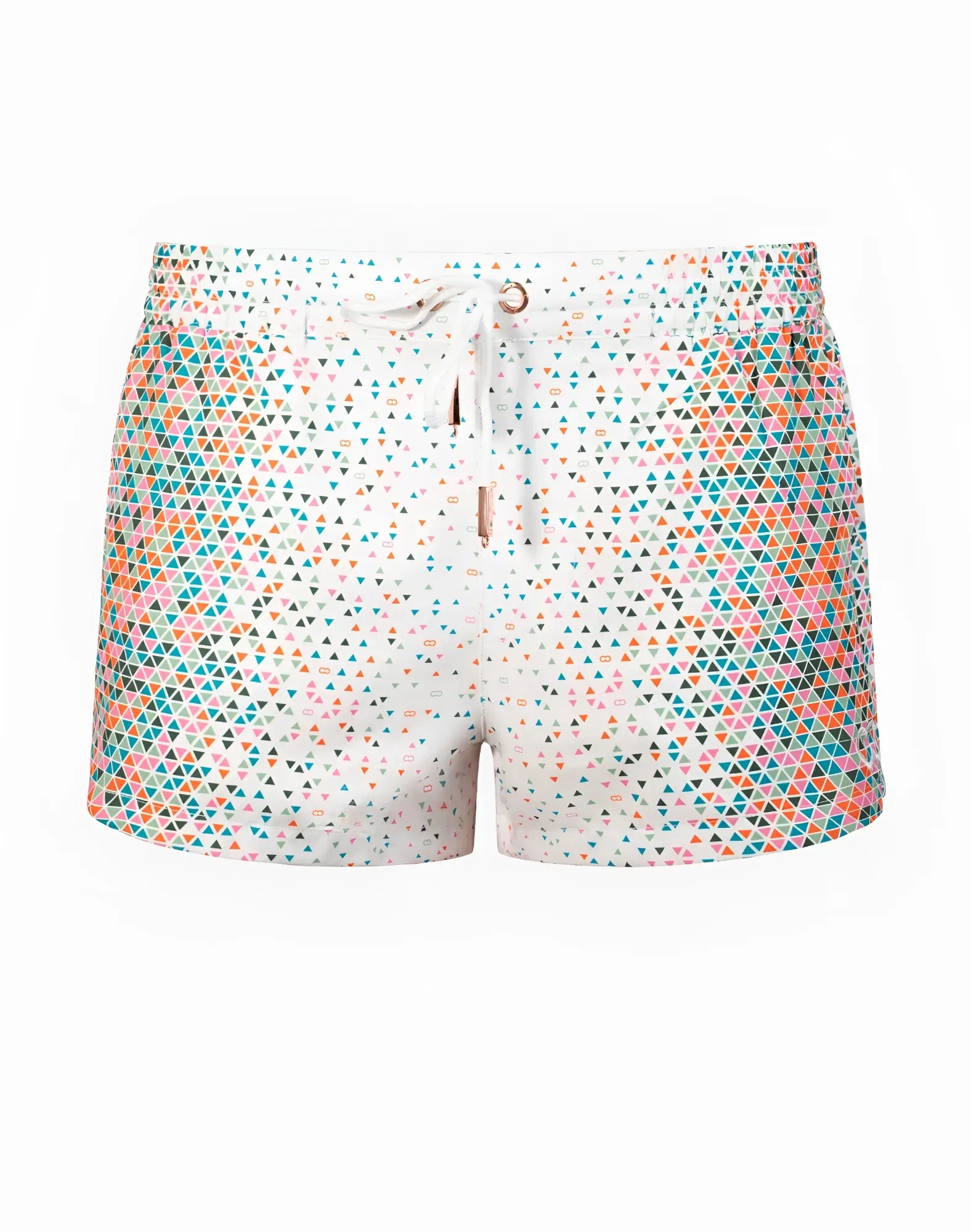 White 2EROS printed Bronte swim shorts with vibrant teal pink and orange geometric triangle pattern Moana design