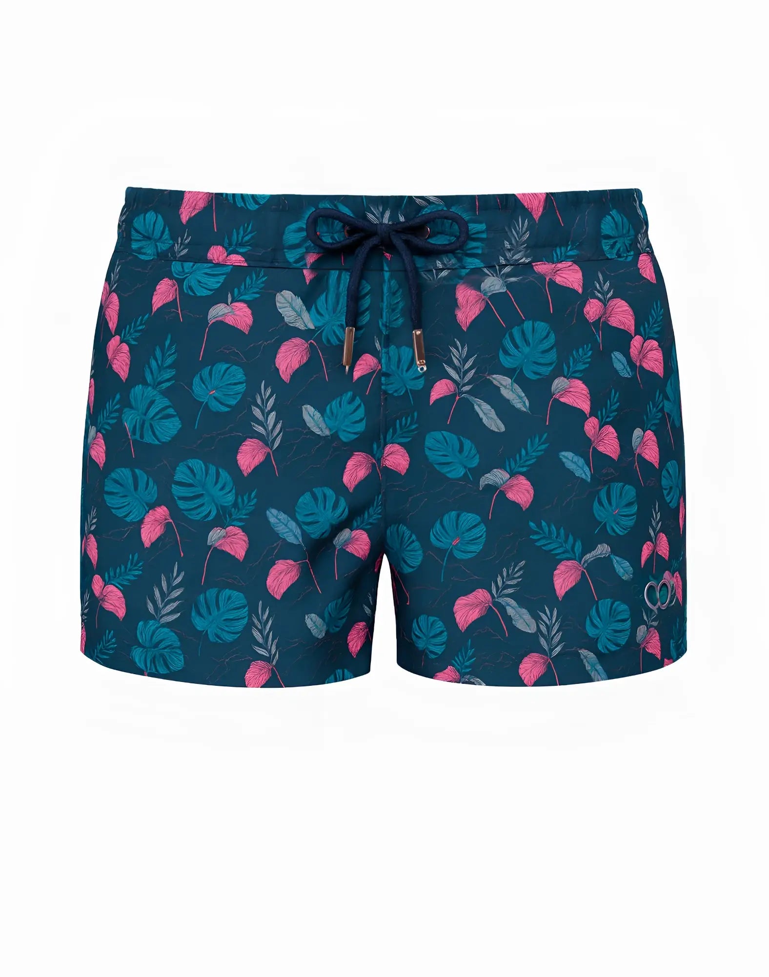Dark blue 2EROS printed Bronte swim shorts with vibrant pink teal and gray tropical monstera leaf pattern and drawstring waistband