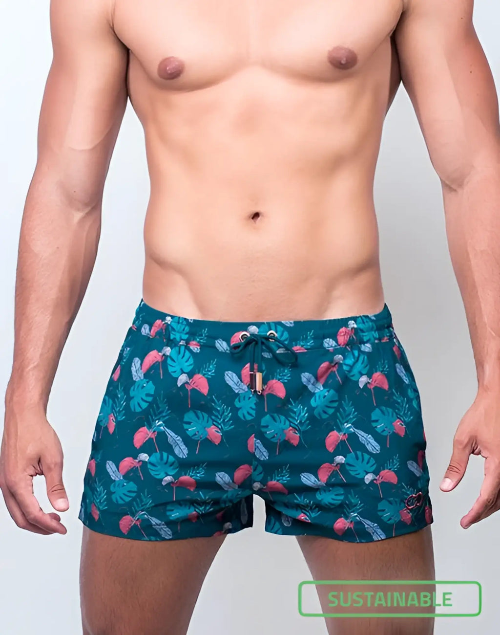 Teal 2EROS printed Bronte shorts featuring a vibrant tropical pink flamingo and green leaf print with elastic waistband