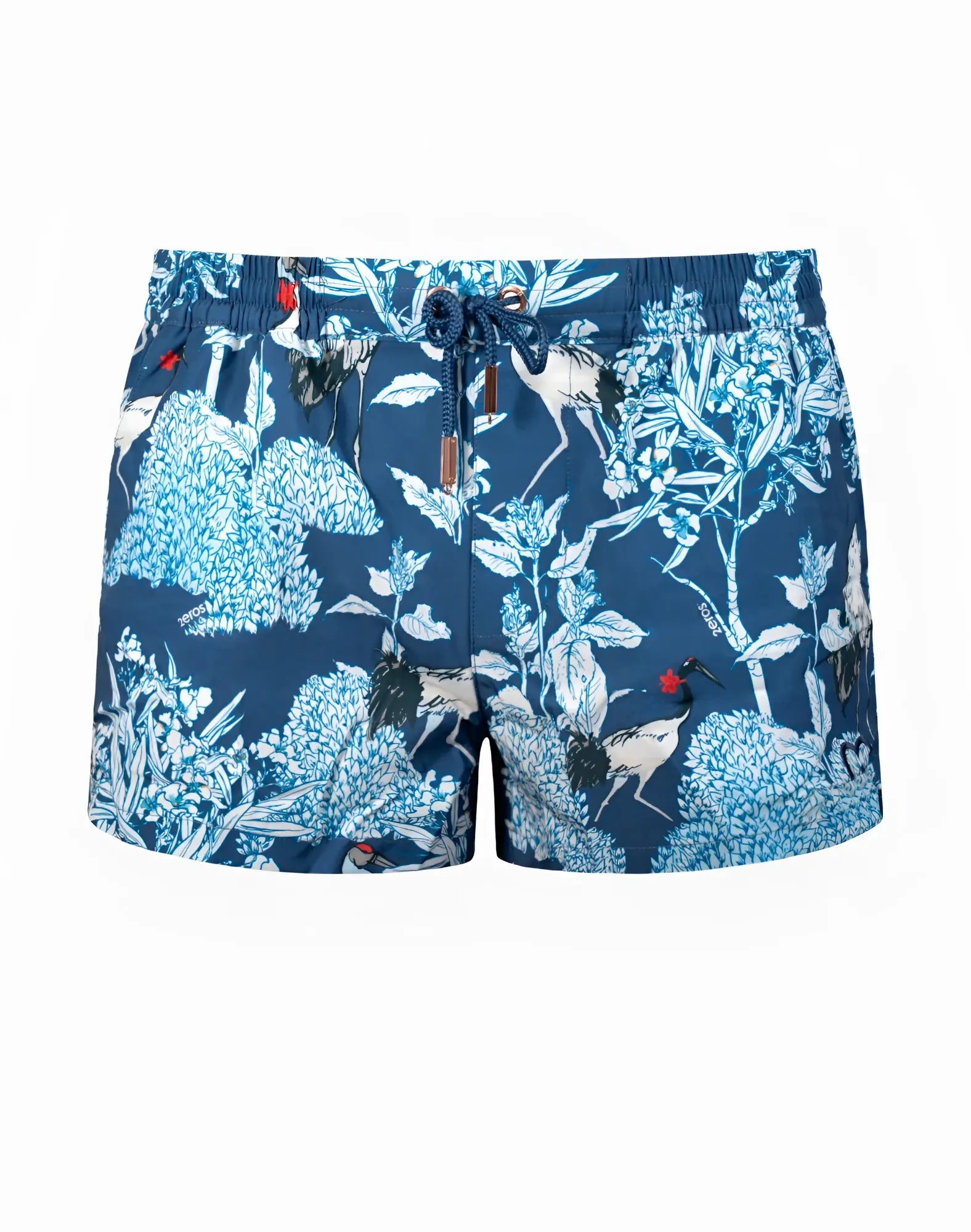 Blue 2EROS printed Bronte swim shorts with white and light blue botanical print and red bird details in orient dream design