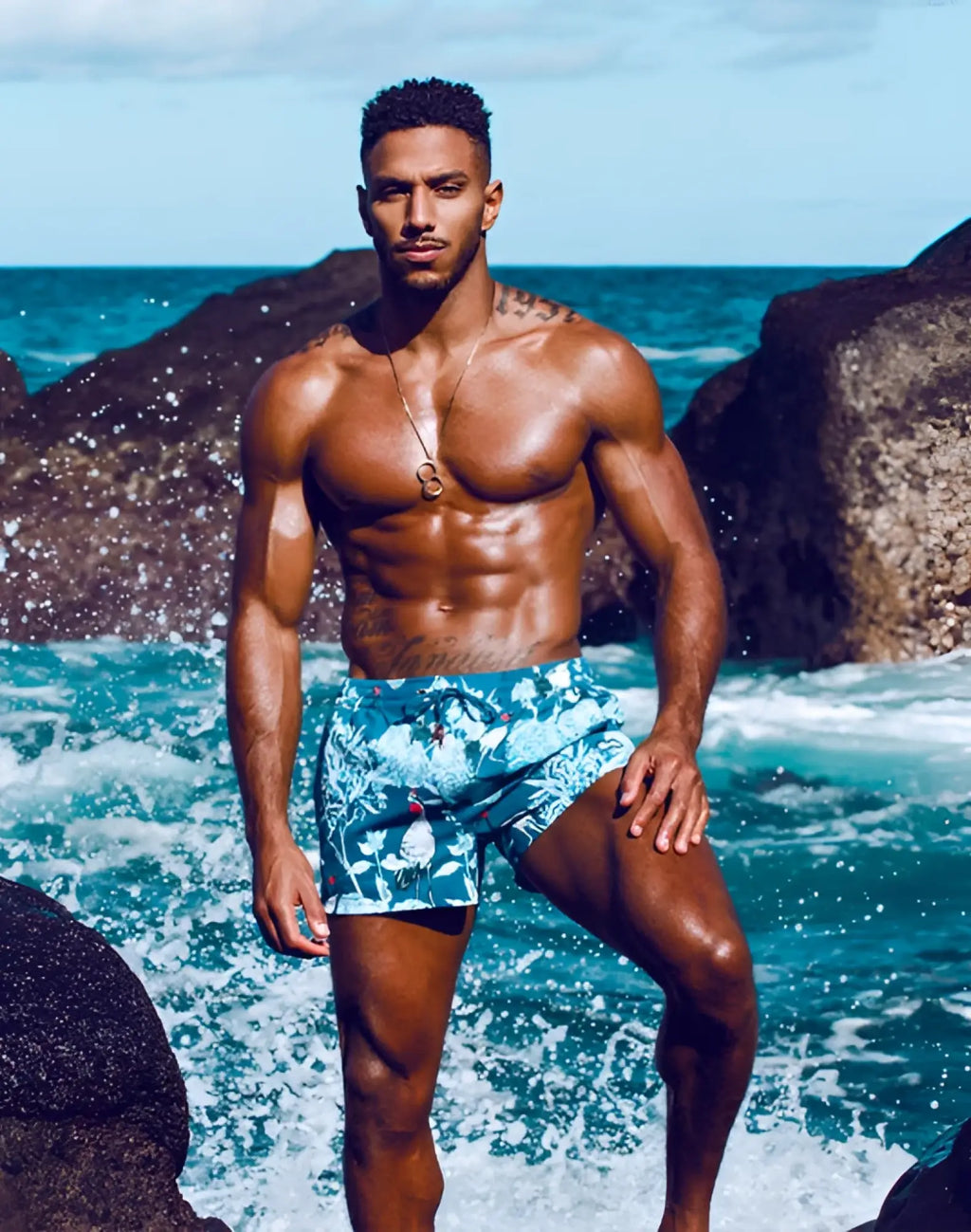Blue tropical print swim trunks 2EROS printed Bronte shorts orient dream for casual beachwear and swimming