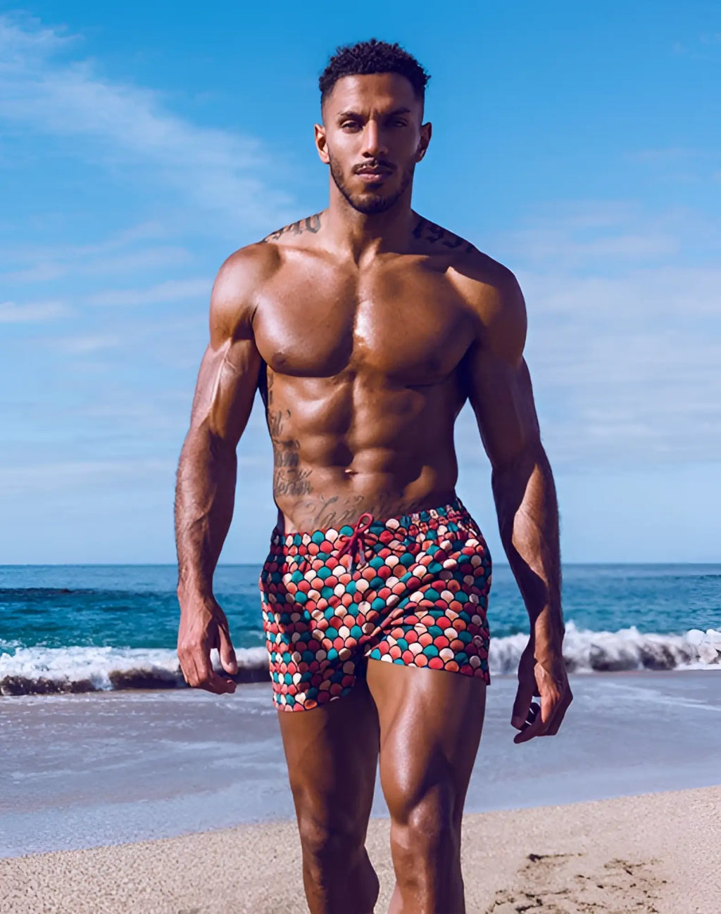 2eros printed bronte shorts patterned swim trunks with colorful red teal and white scale design for casual beachwear
