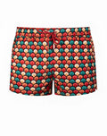 Vibrant multicolored 2EROS printed Bronte swim shorts with bold red teal and orange scale pattern and matching drawstring waistband