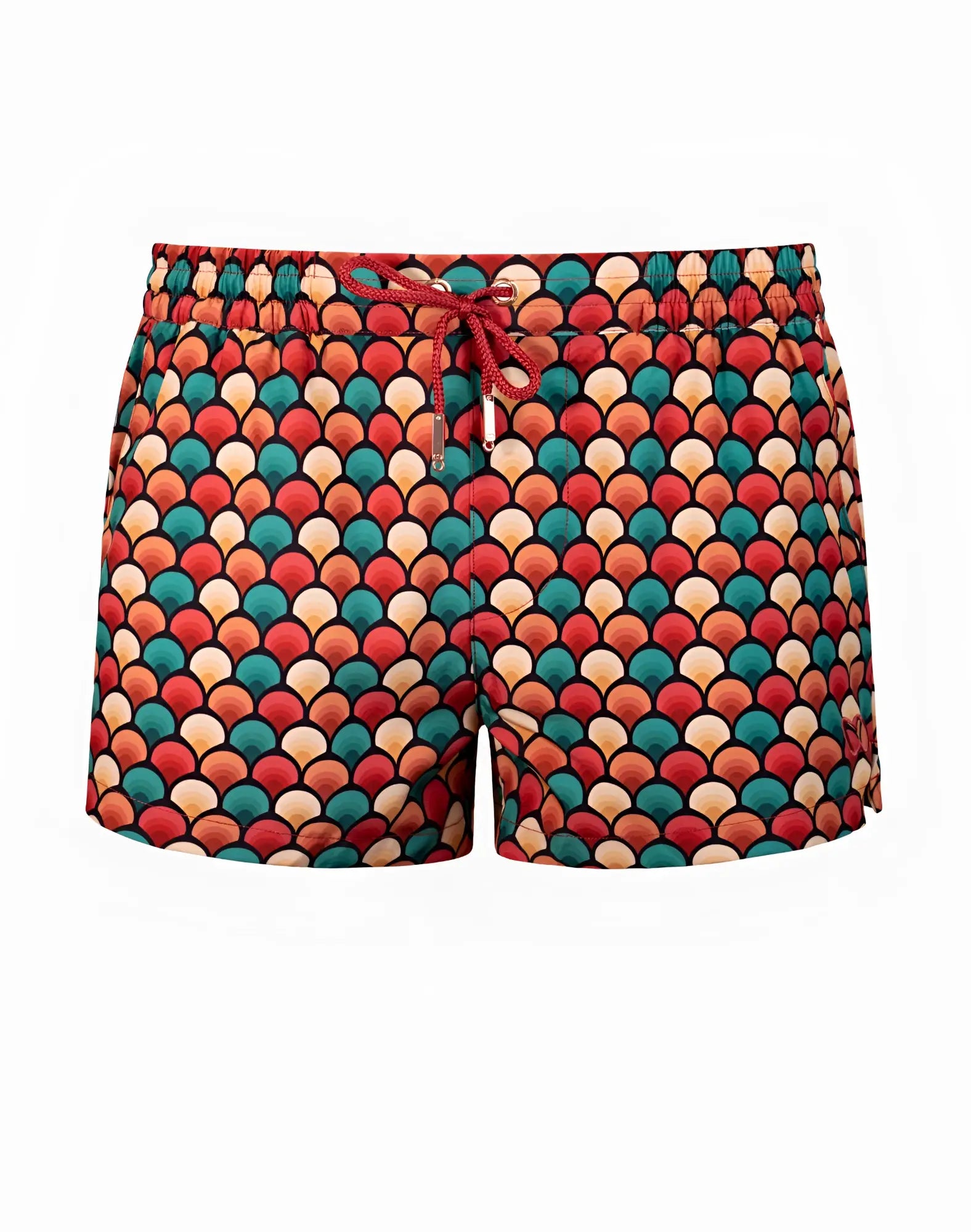 Vibrant multicolored 2EROS printed Bronte swim shorts with bold red teal and orange scale pattern and matching drawstring waistband