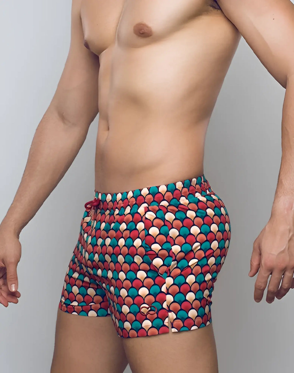 2EROS printed Bronte shorts vibrant red teal and cream scallop-patterned swim trunks with drawstring waistband