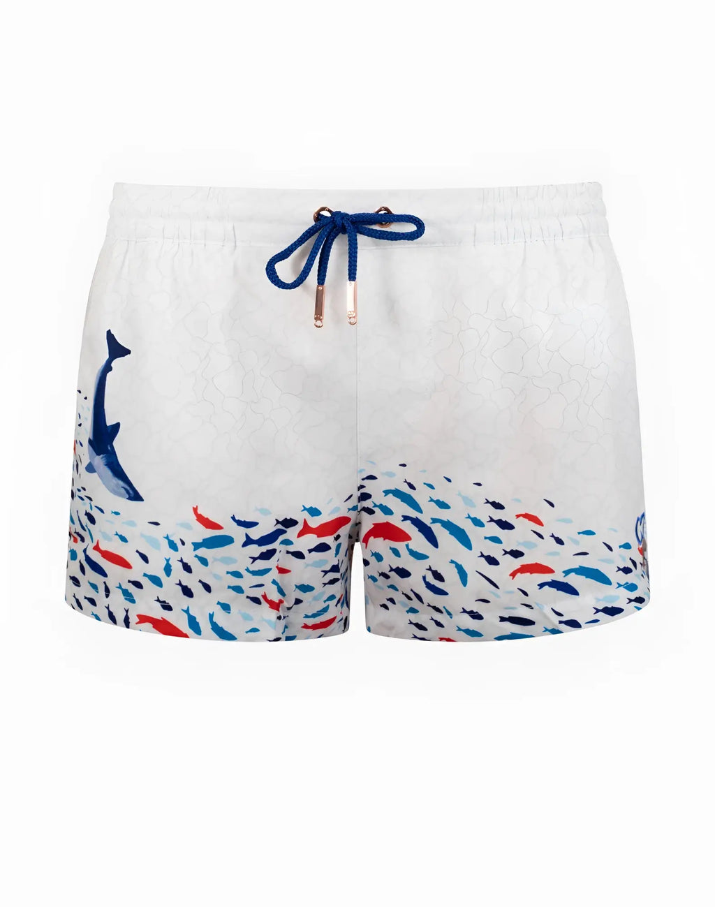 White 2eros printed bronte swim shorts featuring vibrant red blue and navy fish design near the hem