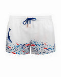 White 2eros printed bronte swim shorts featuring vibrant red blue and navy fish design near the hem