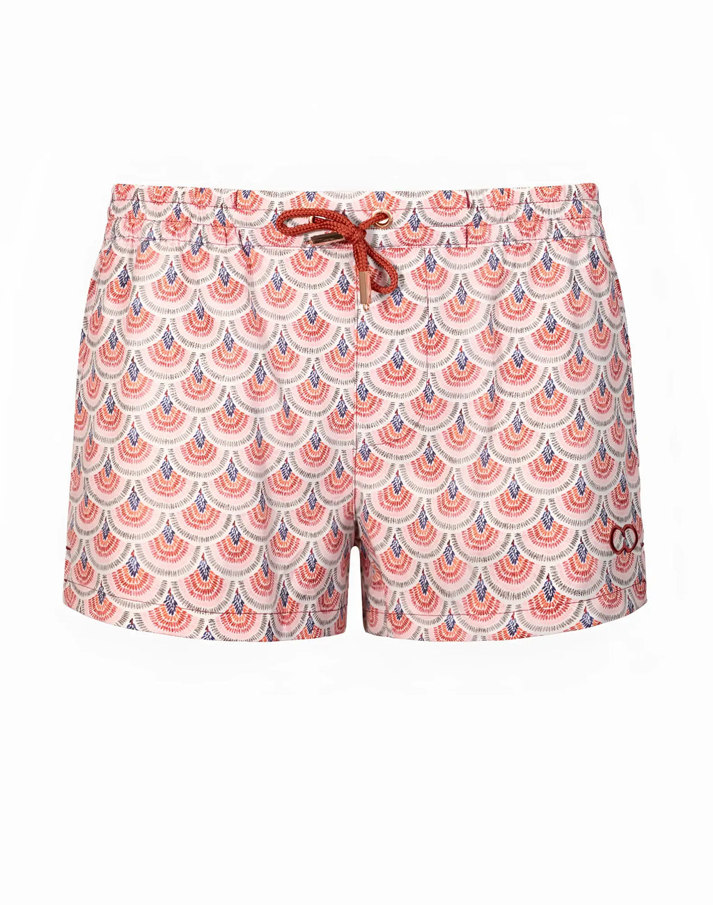 2eros printed bronte shorts shelby featuring pink and blue scalloped pattern swim shorts with matching drawstring waistband