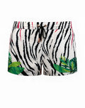 White 2EROS printed Bronte swim shorts with black zebra stripes, pink streaks, and green tropical leaf patterns with drawstring waistband
