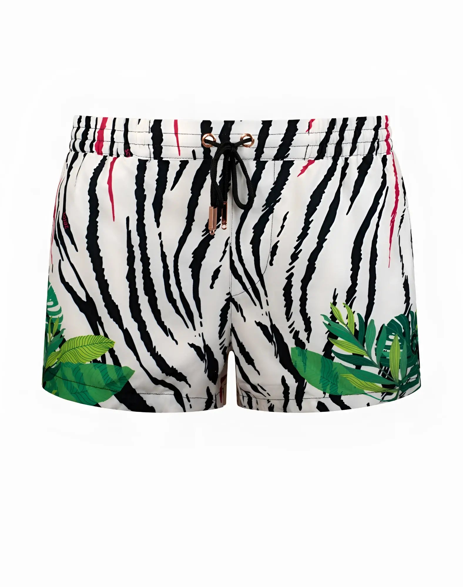 White 2EROS printed Bronte swim shorts with black zebra stripes, pink streaks, and green tropical leaf patterns with drawstring waistband