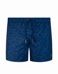 Dark blue 2eros printed bronte swim trunks with repeating light blue cursive script pattern on fabric