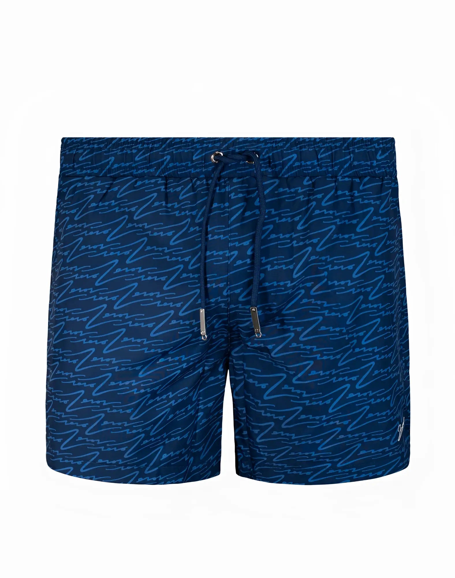 Dark blue 2eros printed bronte swim trunks with repeating light blue cursive script pattern on fabric