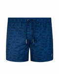 Dark blue 2eros printed bronte swim trunks with repeating light blue cursive script pattern on fabric