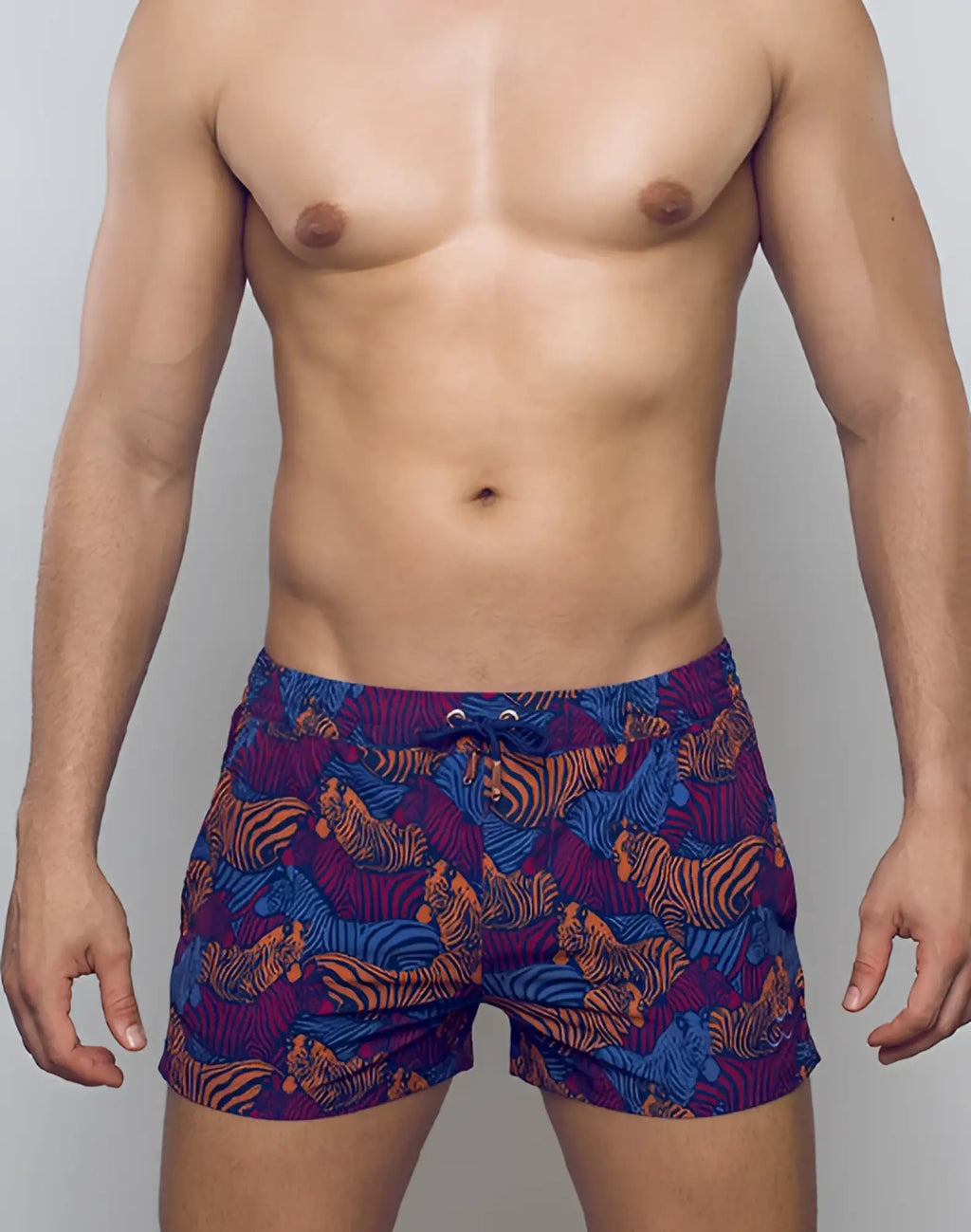 2eros printed bronte shorts stallion navy featuring vibrant blue and orange tiger-patterned swim trunks with drawstring waistband