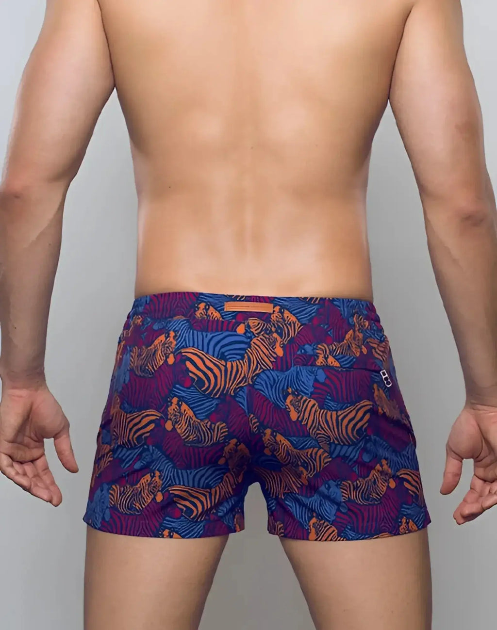 Vibrant purple and blue 2eros printed bronte shorts with bold tiger print pattern in stallion navy color